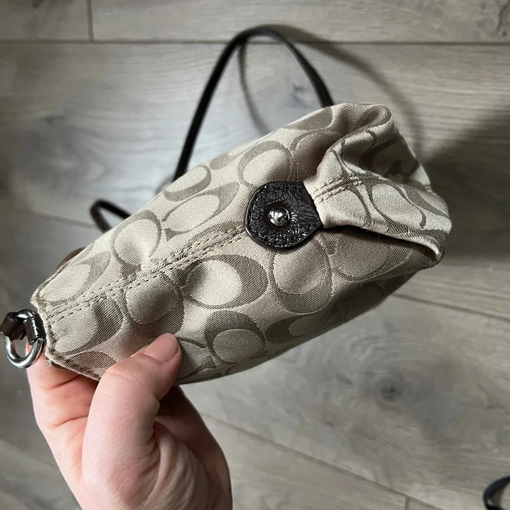 Coach Signature Satin Mini Crossbody Brown Tan Beige Shoulder Bag